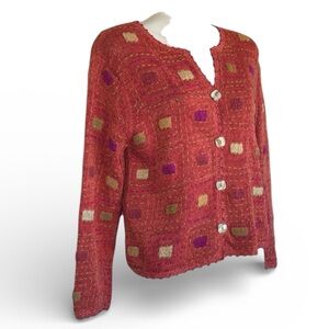 Sigrid Olsen Women's Colorful Embroidered Cardigan, shell buttons.  PM EUC